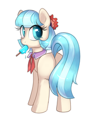 Size: 1108x1334 | Tagged: safe, artist:confetticakez, coco pommel, earth pony, pony, g4, butt, cocobetes, cute, female, flower, flower in hair, food, hatbutt, ice cream, looking at you, looking back, looking back at you, mare, plot, popsicle, rear view, sea salt ice cream, simple background, solo, white background