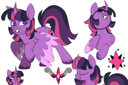 Size: 3000x2000 | Tagged: safe, artist:taaffeiite, derpibooru exclusive, twilight sparkle, alicorn, pony, g4, alternate cutie mark, alternate hairstyle, alternate universe, colored sketch, colored wings, colored wingtips, curved horn, fangs, female, grin, high res, horn, jewelry, mare, red pupils, simple background, smiling, twilight sparkle (alicorn), unshorn fetlocks, white background, wings