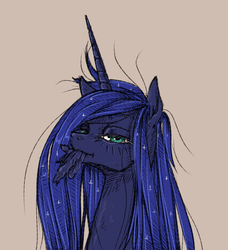 Size: 1327x1452 | Tagged: safe, artist:madhotaru, princess luna, alicorn, pony, bust, feather, female, implied preening, lidded eyes, looking at you, mare, messy mane, mouth hold, portrait, solo