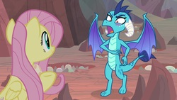 Size: 1920x1080 | Tagged: safe, screencap, fluttershy, princess ember, dragon, pegasus, pony, g4, sweet and smoky, blush sticker, blushing, claws, dragon egg, dragoness, duo, egg, embarrassed, female, horns, mare, open mouth, smiling, spread wings, tsundember, tsundere, underhoof, wings