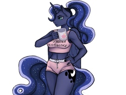 Size: 1280x974 | Tagged: safe, artist:milk_jerboa, princess luna, anthro, alternate hairstyle, belly button, breasts, clothes, cyrillic, female, hand on hip, mare, midriff, mug, ponytail, russian, shorts, simple background, solo, tanktop, white background