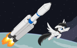 Size: 4094x2548 | Tagged: safe, artist:lonebigcity, oc, oc only, oc:mirny angara, pegasus, pony, flying, rocket, simple background, solo, space