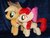 Size: 1280x974 | Tagged: safe, artist:peruserofpieces, apple bloom, applejack, earth pony, pony, g4, accessory, bow, comparison, cowboy hat, duo, female, filly, happy, hat, irl, mare, photo, plushie, profile, siblings, side by side, sisters, smiling, toy