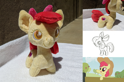 Size: 2382x1587 | Tagged: safe, artist:lauren faust, artist:plushbyanto, apple bloom, earth pony, pony, the last roundup, accessory, accessory swap, applejack's hat, bow, chibi, colored pupils, concept art, cowboy hat, female, filly, happy, hat, irl, minky, pencil drawing, photo, plushie, ribbon, smiling, solo, toy, traditional art