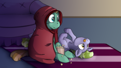 Size: 2560x1440 | Tagged: safe, artist:fuzzypones, oc, oc only, :p, blanket, carpet, couch, duo, food, living room, male, night, on back, popcorn, sitting, tongue out, watching tv