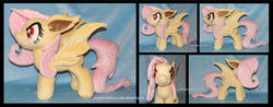 Size: 1600x624 | Tagged: safe, artist:peruserofpieces, fluttershy, bat pony, vampire bat pony, g4, bat ponified, bat wings, ear fluff, fangs, female, flutterbat, front view, irl, long tail, mare, messy mane, messy tail, photo, plushie, profile, race swap, red eyes, slit pupils, toy, wings