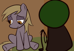 Size: 650x450 | Tagged: safe, anonymous artist, derpy hooves, oc, oc:anon, pony, msponyadventures, g4, 4chan, crying, sad, simple background, sitting