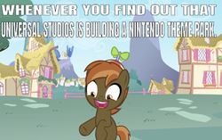 Size: 665x417 | Tagged: safe, edit, edited screencap, editor:undeadponysoldier, screencap, button mash, pony, g4, beanie, button's hat, caption, colt, debate in the comments, excited, fence, happy, hat, house, image macro, male, meme, nintendo, open mouth, ponyville, solo, text, tree, universal studios