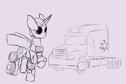Size: 3000x2000 | Tagged: safe, artist:tunrae, twilight sparkle, alicorn, pony, robot, robot pony, g4, female, high res, lineart, simple background, sketch, solo, transformers, truck