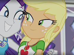 Size: 1301x966 | Tagged: safe, screencap, applejack, rarity, camping must-haves, equestria girls, g4, my little pony equestria girls: better together, female, geode of shielding, geode of super strength, magical geodes, rarity's bedroom, shipping fuel, smiling