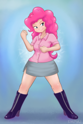 Size: 667x1000 | Tagged: safe, artist:empyu, pinkie pie, human, g4, beautiful, boots, clothes, crossover, cute, female, full body, high heel boots, humanized, miniskirt, pink ranger, power rangers, power rangers lightspeed rescue, shoes, side slit, skirt, smiling, solo, standing, super sentai, thighs