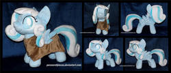 Size: 1600x682 | Tagged: safe, artist:peruserofpieces, oc, oc only, oc:snowdrop, pegasus, pony, accessory, blind, cape, cloak, clothes, female, filly, front view, happy, irl, photo, plushie, profile, sillyfillystudios, smiling, solo, toy, wings