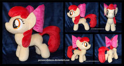 Size: 1600x855 | Tagged: safe, artist:peruserofpieces, apple bloom, earth pony, pony, g4, accessory, bow, female, filly, front view, happy, irl, photo, plushie, profile, rear view, smiling, solo, toy