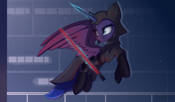 Size: 2008x1181 | Tagged: safe, artist:php97, princess luna, pony, g4, cape, clothes, crossover, darth vader, female, helmet, lightsaber, solo, spread wings, star wars, weapon, wings