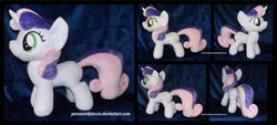 Size: 1600x720 | Tagged: safe, artist:peruserofpieces, sweetie belle, pony, unicorn, g4, female, filly, happy, horn, irl, photo, plushie, profile, rear view, smiling, solo, toy