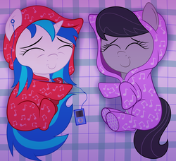 Size: 2160x1967 | Tagged: safe, artist:spellboundcanvas, dj pon-3, octavia melody, vinyl scratch, pony, g4, clothes, cute, duo, earbuds, foal, footed sleeper, ipod, pajamas, sleeping