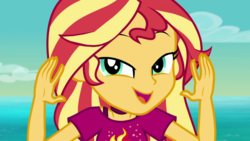 Size: 1920x1080 | Tagged: safe, screencap, sunset shimmer, equestria girls, g4, i'm on a yacht, my little pony equestria girls: better together, close-up, cute, female, lidded eyes, looking at you, shimmerbetes, smiling, solo