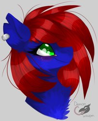 Size: 1499x1845 | Tagged: safe, artist:demonwithapen, oc, oc only, oc:shrapnel, pegasus, pony, bust, chest fluff, ear piercing, earring, female, fluffy, jewelry, piercing, portrait, simple background, smiling, solo, watermark