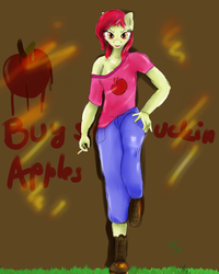 Size: 3456x4317 | Tagged: safe, artist:hippik, apple bloom, earth pony, anthro, g4, apple, buy some apples, cigarette, food, implied vulgar, smoking, teenager