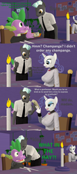 Size: 1920x4320 | Tagged: safe, artist:papadragon69, rarity, spike, thunderlane, anthro, g4, 3d, alcohol, candle, champagne, comic, female, kissing, male, old master q, older, older spike, parody, ship:sparity, shipping, source filmmaker, straight, table, waiter, wine
