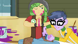 Size: 1280x720 | Tagged: safe, screencap, micro chips, sandalwood, a banner day, equestria girls, g4, clothes, glasses, male, one eye closed, paint, shoes