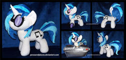 Size: 1600x770 | Tagged: safe, artist:peruserofpieces, dj pon-3, vinyl scratch, pony, unicorn, g4, accessory, female, happy, horn, irl, mare, missing accessory, photo, plushie, profile, record, record player, smiling, sunglasses, toy, turntable