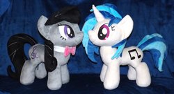 Size: 1280x695 | Tagged: safe, artist:peruserofpieces, dj pon-3, octavia melody, vinyl scratch, earth pony, pony, unicorn, g4, bow, bowtie, duo, facing each other, female, implied lesbian, implied scratchtavia, implied shipping, irl, mare, necktie, photo, plushie, profile, smiling, toy