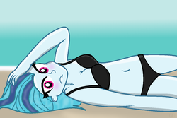 Size: 1080x722 | Tagged: safe, artist:grapefruitface1, derpibooru exclusive, sonata dusk, equestria girls, g4, beach, belly button, bikini, black swimsuit, blushing, breasts, clothes, female, looking at you, ocean, solo, swimsuit, water