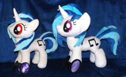Size: 1280x786 | Tagged: safe, artist:peruserofpieces, dj pon-3, vinyl scratch, pony, unicorn, g4, accessory, comparison, female, horn, irl, mare, missing accessory, photo, plush this again, plushie, profile, self ponidox, side by side, sunglasses, then and now, toy, wrong eye color