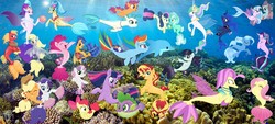 Size: 1440x648 | Tagged: safe, artist:lachlancarr1996, apple bloom, applejack, big macintosh, bon bon, coloratura, derpy hooves, flash sentry, fluttershy, lyra heartstrings, ocean flow, ocellus, pinkie pie, princess celestia, princess luna, princess skystar, queen novo, rainbow dash, rarity, scootaloo, silverstream, spike, starlight glimmer, sunset shimmer, sweetie belle, sweetie drops, terramar, trixie, twilight sparkle, alicorn, changedling, changeling, dolphin, fish, pony, puffer fish, seapony (g4), g4, my little pony: the movie, spoiler:my little pony the movie, disguise, disguised changeling, female, fin wings, great barrier reef, irl, male, ocean, photo, ponies in real life, sea ponies, seaponified, seapony apple bloom, seapony applejack, seapony big macintosh, seapony bon bon, seapony celestia, seapony coloratura, seapony derpy, seapony flash sentry, seapony fluttershy, seapony luna, seapony lyra, seapony ocellus, seapony pinkie pie, seapony rainbow dash, seapony rarity, seapony scootaloo, seapony silverstream, seapony starlight glimmer, seapony sunset, seapony sweetie belle, seapony trixie, seapony twilight, species swap, spike the pufferfish, swimming, twilight sparkle (alicorn), underwater, wall of tags, wings