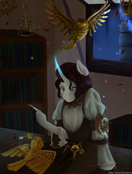 Size: 3560x4720 | Tagged: safe, artist:amywhooves, oc, oc only, pony, unicorn, absurd resolution, clothes, female, indoors, magic, moonlight, smiling, solo, steampunk, window