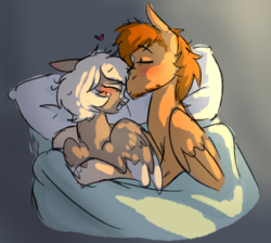 Size: 1062x953 | Tagged: safe, artist:sierra flyer, oc, oc:coffee creamtrain, oc:geartrain, pegasus, pony, bed, blushing, coffeetrain, cute, female, husband and wife, kissing, male, pillow, snuggling, wings