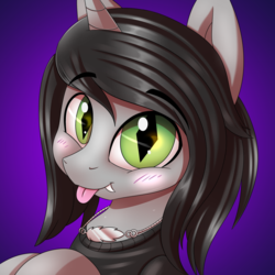 Size: 3000x3000 | Tagged: safe, artist:ask-colorsound, pony, unicorn, blushing, bust, clothes, commission, cute, disguise, disguised siren, eyebrows, fangs, gradient background, happy, horn, jewelry, kellin quinn, looking at you, male, necklace, ponified, shirt, sleeping with sirens, slit pupils, solo, stallion, tongue out, ych result