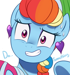Size: 880x931 | Tagged: safe, artist:maren, rainbow dash, pegasus, pony, g4, sparkle's seven, adorable distress, alternate hairstyle, cute, ear piercing, earring, eyeliner, female, gritted teeth, jewelry, looking at you, makeup, mare, megaradash, piercing, scene interpretation, simple background, solo, sweat, talking to viewer, white background