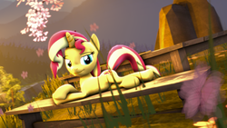 Size: 3840x2160 | Tagged: safe, artist:alicorntwilysparkle, sunset shimmer, pony, unicorn, g4, 3d, 4k, adorasexy, bedroom eyes, cute, draw me like one of your french girls, female, flower, grass, high res, lidded eyes, looking at you, mare, picnic table, prone, relaxed, relaxing, seductive, seductive pose, sexy, shimmerbetes, smiling, solo, source filmmaker, stupid sexy sunset shimmer, table