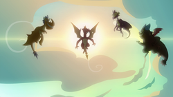 Size: 1920x1080 | Tagged: safe, screencap, billy, clump, garble, spear (g4), dragon, g4, sweet and smoky, flying, male, spread wings, sun, wings