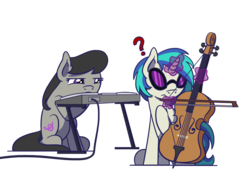 Size: 1280x960 | Tagged: safe, artist:flutterluv, dj pon-3, octavia melody, vinyl scratch, earth pony, pony, unicorn, g4, accessory swap, bow (instrument), cello, duo, musical instrument, question mark, simple background, transparent background, turntable