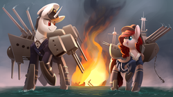 Size: 3840x2160 | Tagged: safe, artist:underpable, oc, oc only, pony, commission, duo, female, giantess, high res, kantai collection, macro, ship ponies, shipmare