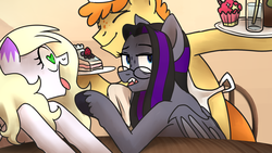 Size: 1920x1080 | Tagged: safe, artist:mamidulugo, carrot cake, oc, oc:feather paint, oc:luna farrowe, bat pony, pegasus, pony, unicorn, g4, apron, cake, clothes, cupcake, fangs, food, freckles, glasses, heart eyes, serving tray, soda, spoop fam, two toned mane, wingding eyes