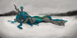 Size: 4000x2000 | Tagged: safe, artist:plotcore, queen chrysalis, changeling, changeling queen, frenemies (episode), g4, crown, female, jewelry, prone, regalia, solo