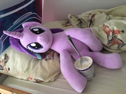 Size: 4032x3024 | Tagged: safe, artist:nekokevin, starlight glimmer, pony, unicorn, series:nekokevin's glimmy, totally legit recap, g4, bed, bedsheets, female, food, ice cream, implied masturbation, irl, looking at you, mare, photo, pillow, plushie, smiling