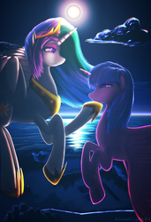 Size: 1674x2441 | Tagged: safe, artist:bluenight01, princess celestia, twilight sparkle, alicorn, pony, g4, cloud, female, flying, hoof shoes, mare, sky, smiling, twilight sparkle (alicorn)