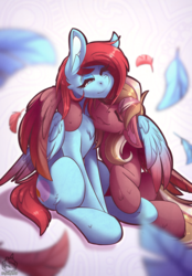 Size: 1567x2257 | Tagged: safe, artist:sugarlesspaints, oc, oc only, oc:autumn moon, oc:copper crescendo, pegasus, pony, chest fluff, colored wings, duo, eyes closed, feather, feathered wings, female, gradient wings, hug, mare, one eye closed, smiling, winghug, wings, wink