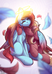 Size: 1567x2257 | Tagged: safe, alternate version, artist:sugarlesspaints, oc, oc only, oc:autumn moon, oc:copper crescendo, pegasus, pony, chest fluff, colored wings, duo, eyes closed, feather, feathered wings, female, gradient wings, halo, hug, mare, one eye closed, smiling, winghug, wings, wink