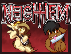 Size: 4000x3000 | Tagged: safe, artist:witchtaunter, oc, oc:prince whateverer, earth pony, pegasus, pony, blade lick, commission, guitar, hoof hold, knife, licking, neighhem fest, tongue out