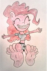 Size: 1350x2048 | Tagged: safe, artist:dex stewart, pinkie pie, earth pony, anthro, g4, feet, female, fetish, foot fetish, foot focus, smiling, solo, toes