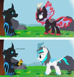 Size: 1469x1525 | Tagged: safe, artist:wheatley r.h., derpibooru exclusive, oc, oc only, oc:blizzard flare, oc:w. rhinestone eyes, changeling, kirin, nirik, 2 panel comic, bat wings, blue changeling, blue eyes, burned, changeling oc, chocolate, claws, cloven hooves, comic, folded wings, food, gray eyes, happy, horn, kirin oc, mountain, nirik oc, rock, scared, spanish, spanish text, tree, vector, watermark, wings, you're not you when you're hungry