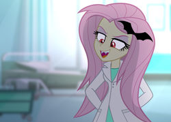 Size: 1280x914 | Tagged: dead source, safe, artist:wubcakeva, fluttershy, vampire, equestria girls, g4, bat ponified, clothes, doctor, fangs, female, flutterbat, grin, smiling, solo