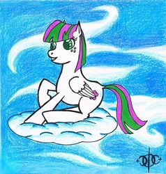 Size: 1111x1166 | Tagged: safe, artist:assertiveshypony, blossomforth, pegasus, pony, g4, cloud, cloudy, drawing, female, on a cloud, sky, smiling, solo