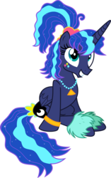 Size: 3883x6165 | Tagged: safe, artist:shootingstarsentry, princess luna, alicorn, pony, between dark and dawn, g4, 80s, 80s hair, 80s princess luna, absurd resolution, alternate hairstyle, bare hooves, cheerful, cute, face paint, female, folded wings, grin, hair accessory, hair dye, horn, jewelry, leg warmers, long horn, looking up, lunabetes, mare, necklace, pearl necklace, ponytail, retro, simple background, sitting, smiling, solo, tail accessory, too cute, transparent background, vector, wings